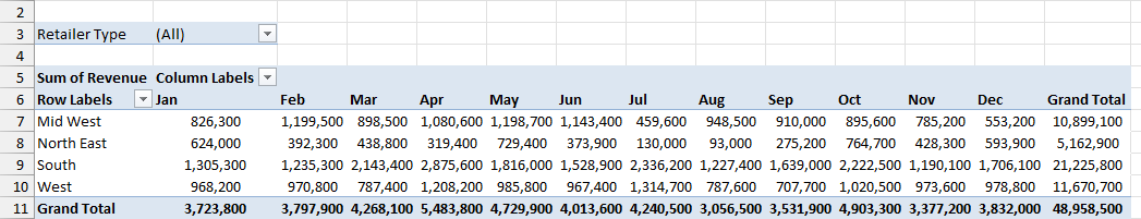 Pivot Table showing total revenue by region in each month with Retailer Type in the Filters area