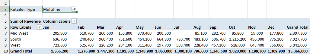 Retailer Type filter set to Multiline, with the Pivot Table showing Multiline retailers only