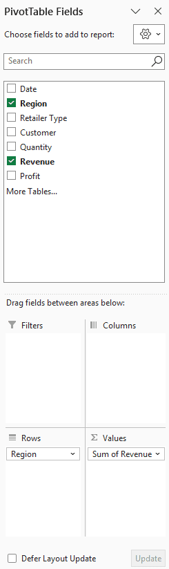 PivotTable Fields pane with the list of fields and the Filters, Columns, Rows and Values areas