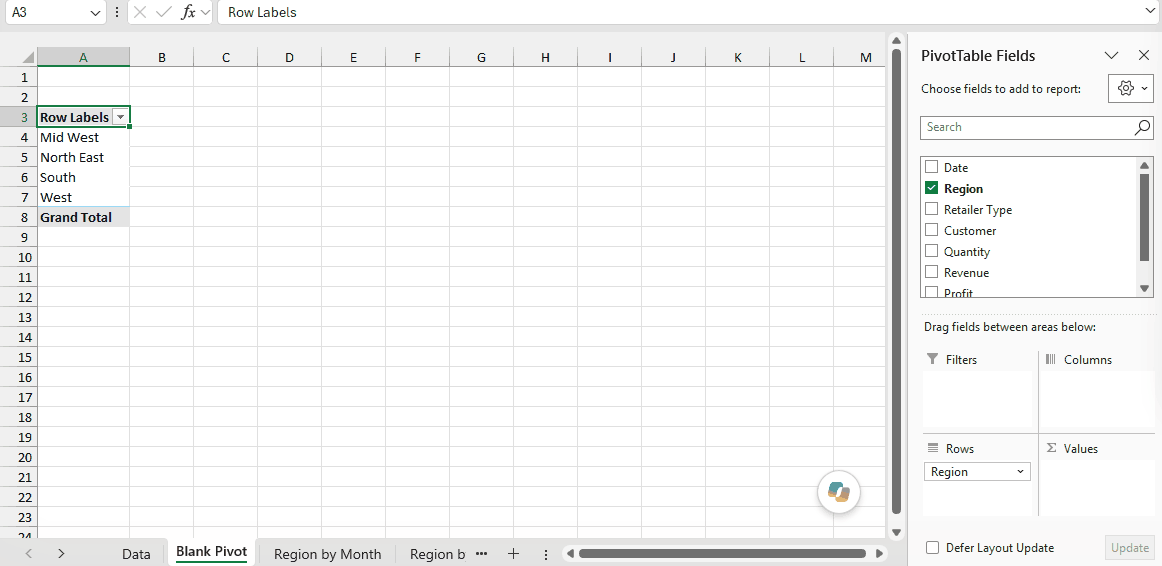 Region field added to the Rows area of the PivotTable Fields pane, with the regions now listed in the Pivot Table
