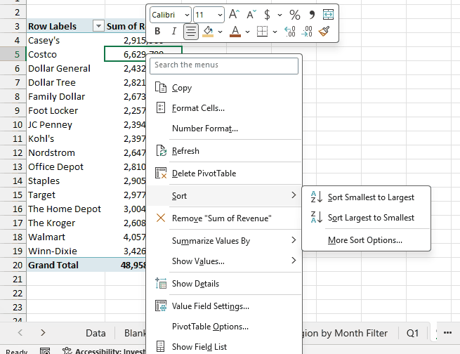 Right-click menu on a value in the Pivot Table with the Sort option