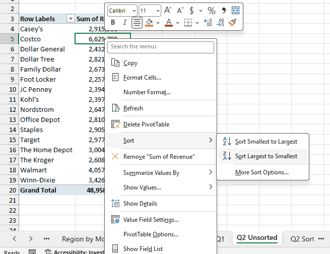Sort Largest to Smallest option in the Sort submenu