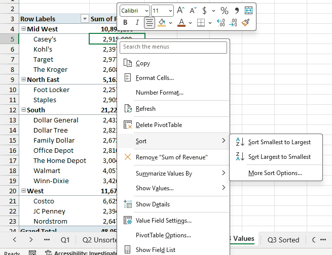 Right-click menu on a retailer's sales value with the Sort option