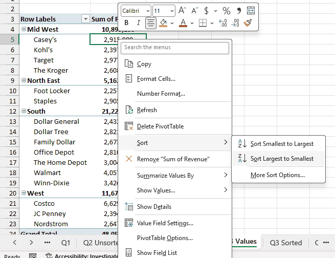 Sort Largest to Smallest option in the Sort submenu