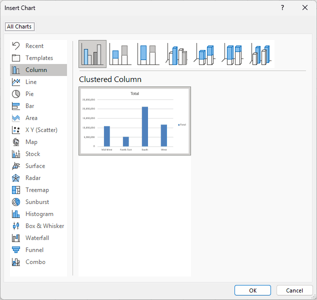 Insert Chart dialog with Clustered Column selected