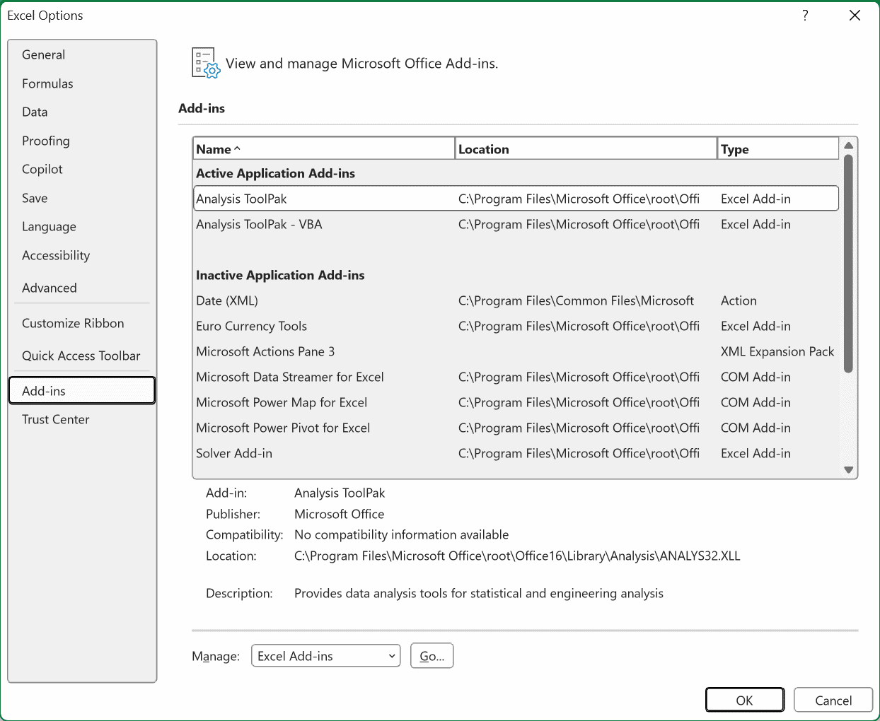 The Add-ins pane in Excel Options with the Manage drop-down at the bottom