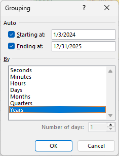 Grouping dialog box with only Years selected