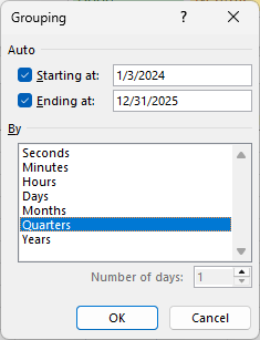 Grouping dialog box with only Quarters selected