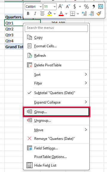 Right-click menu on a quarter in the Pivot Table with Group highlighted