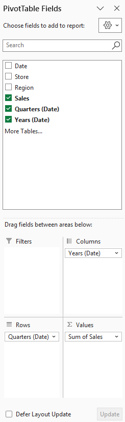PivotTable Fields pane with Years (Date) moved to the Columns area