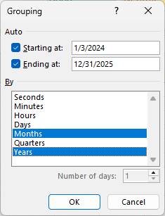 Grouping dialog box with Months and Years selected