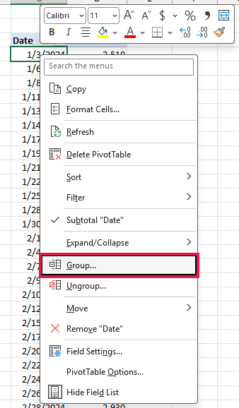 Right-click menu on a date in the Pivot Table with Group highlighted