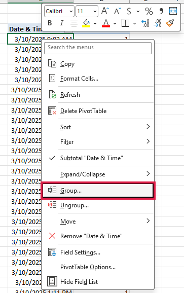 Right-click menu on a date in the Pivot Table with Group highlighted