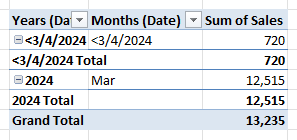 Grouped Pivot Table where the blank date appears as a <3/4/2024 group