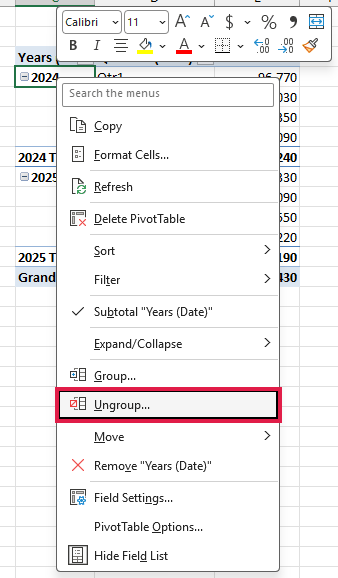 Right-click menu on a grouped date with Ungroup highlighted