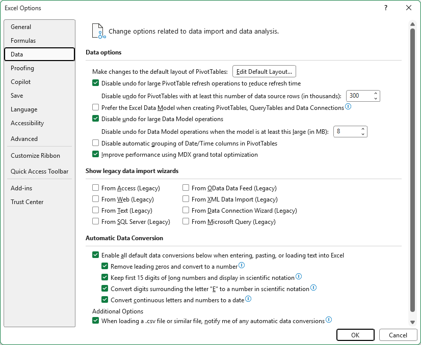 Excel Options with Data selected in the left pane