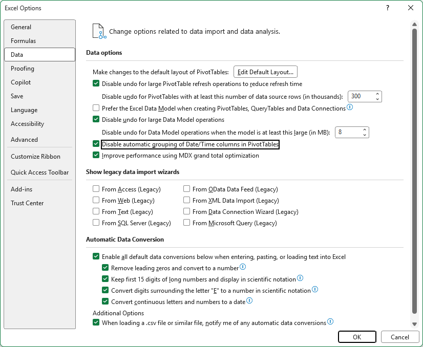 Disable automatic grouping of Date/Time columns in PivotTables checked in Excel Options