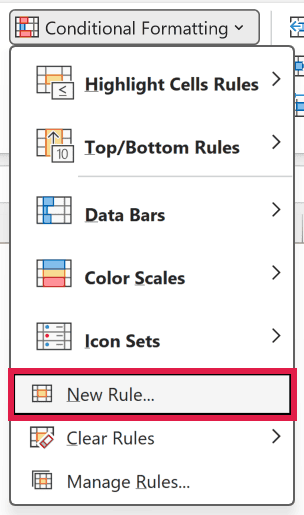 The Conditional Formatting drop-down on the Home tab with New Rule selected