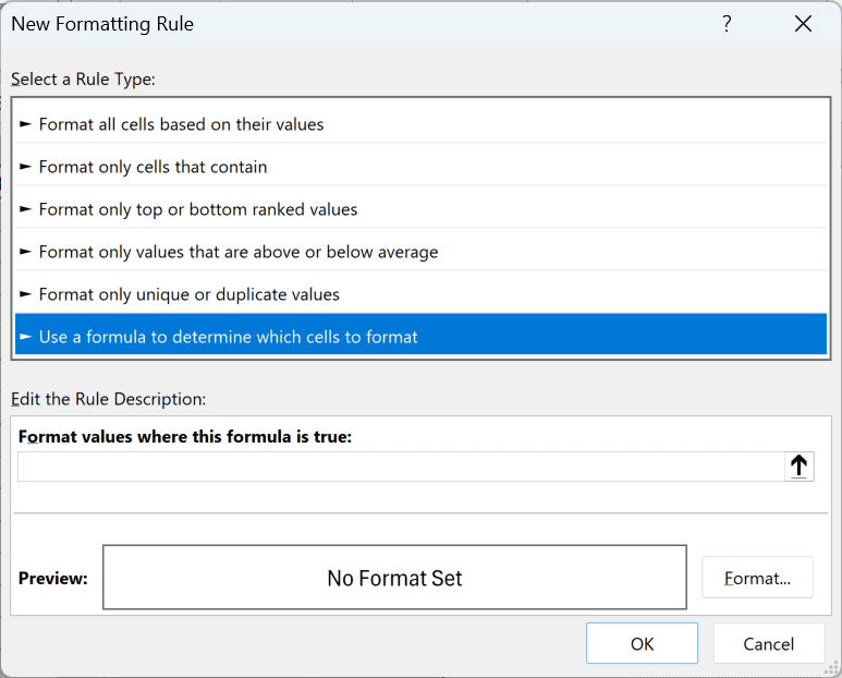 The New Formatting Rule dialog box with Use a formula to determine which cells to format selected