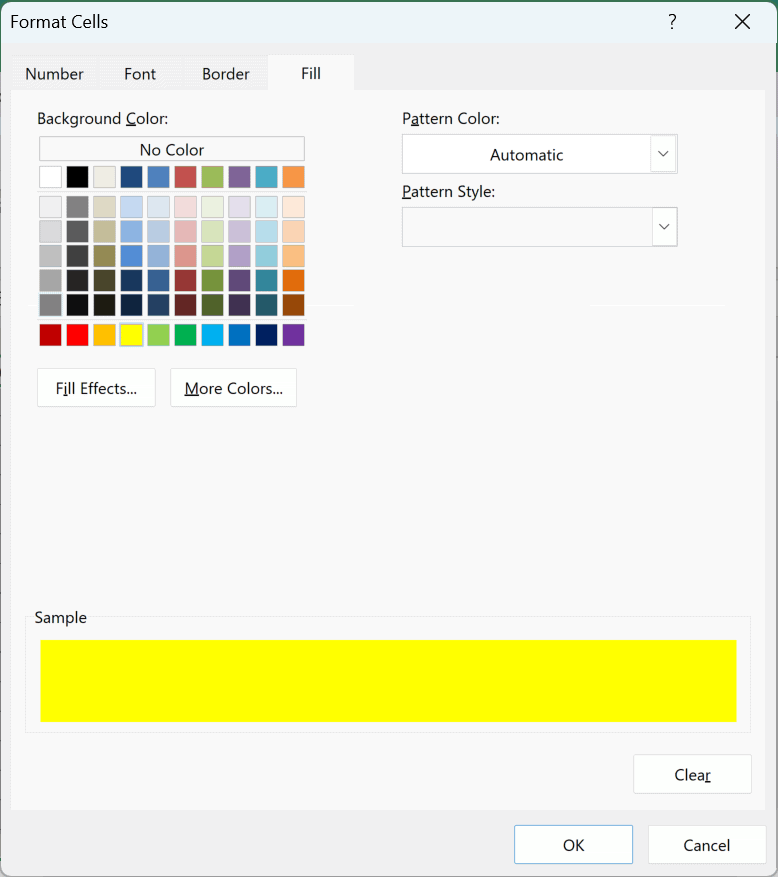 The Fill tab of the Format Cells dialog box with a yellow fill color picked
