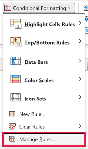 The Conditional Formatting drop-down with Manage Rules selected