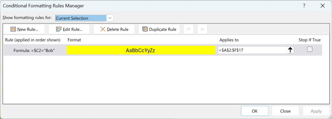 The Conditional Formatting Rules Manager showing the Applies to range set to A2:F17