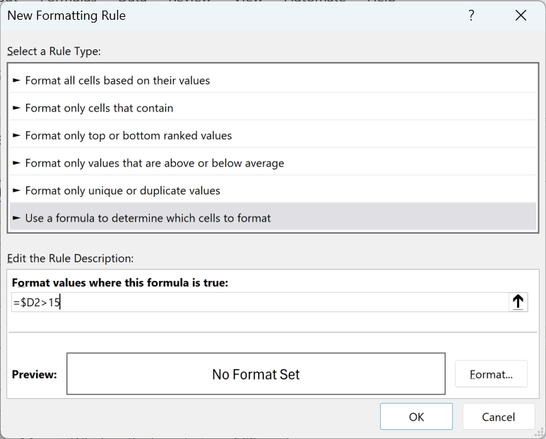 The formula =$D2>15 entered in the New Formatting Rule dialog box