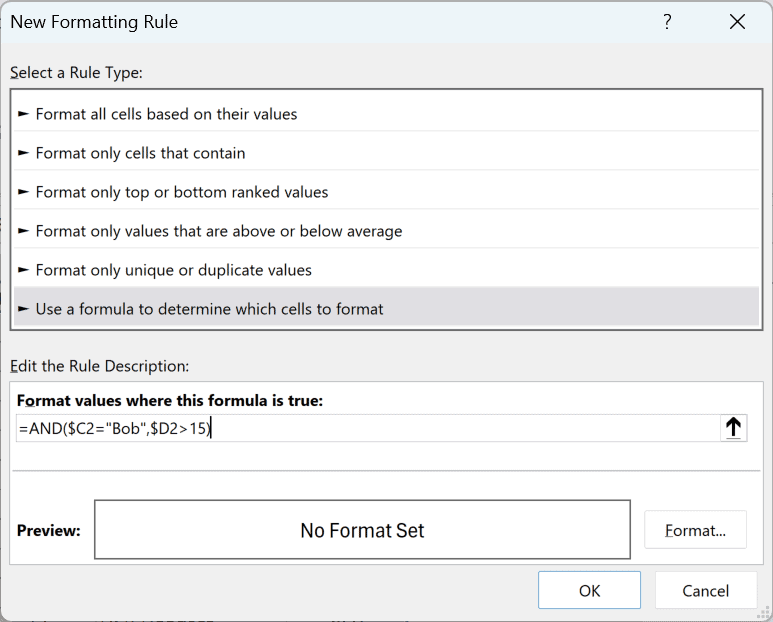 The formula =AND($C2="Bob",$D2>15) entered in the New Formatting Rule dialog box