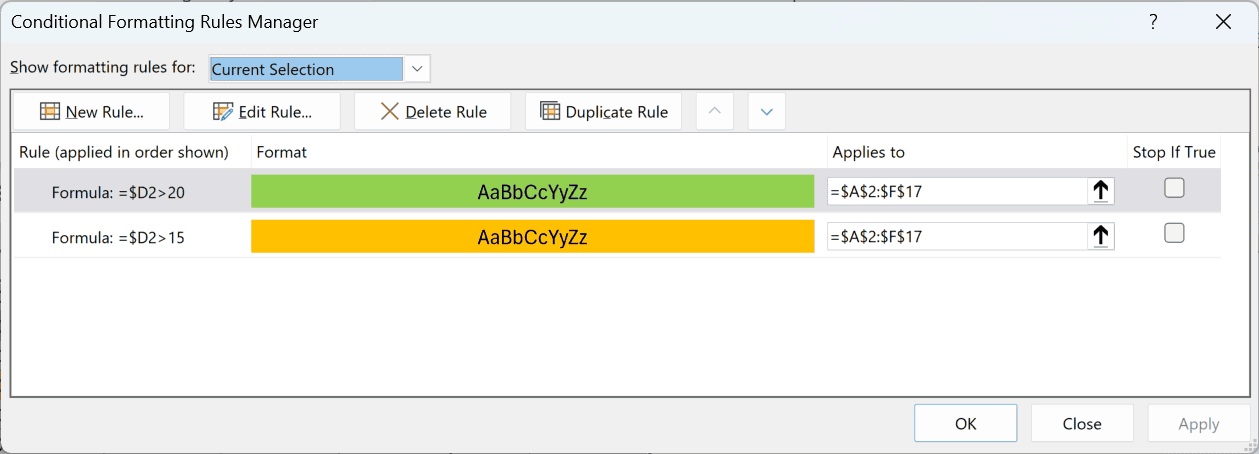 The Rules Manager showing the green rule above the orange rule