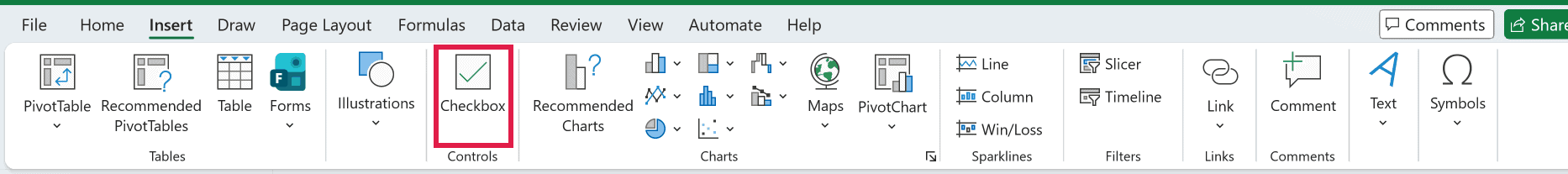 The Checkbox button in the Controls group on the Insert tab