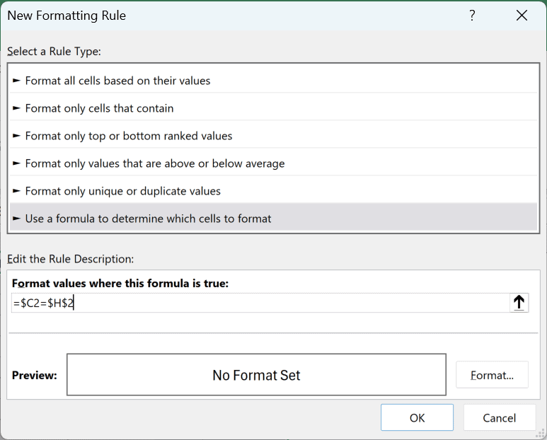 The formula =$C2=$H$2 entered in the New Formatting Rule dialog box