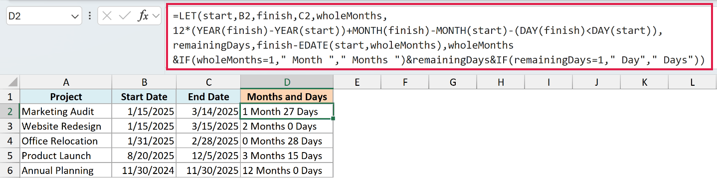 LET and EDATE formula showing the difference between project dates as completed months and remaining days.