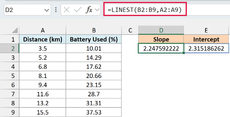 =LINEST(B2:B9,A2:A9) in D2 spilling the slope 2.2476 and the intercept 2.3152 into two cells.