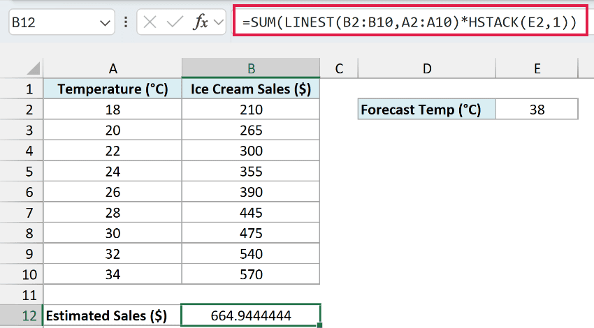 =SUM(LINEST(B2:B10,A2:A10)*HSTACK(E2,1)) in B12 estimating about 665 dollars in sales for a 38-degree day.