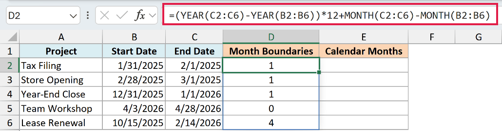 YEAR and MONTH formula counting the number of calendar month boundaries crossed.