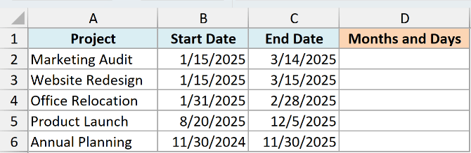 Project dates with an empty Months and Days result column in Excel.