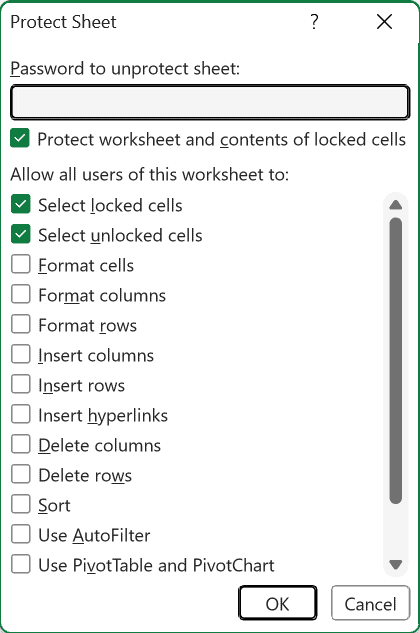 The Protect Sheet dialog box with Select locked cells and Select unlocked cells checked by default