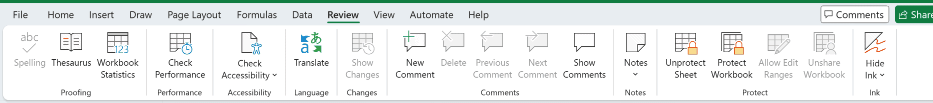 On a protected sheet the Review tab shows Unprotect Sheet where Protect Sheet normally sits