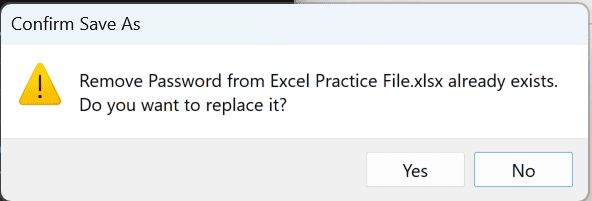 Confirm Save As prompt asking to replace the existing file