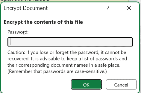 Encrypt Document dialog box with the password box cleared