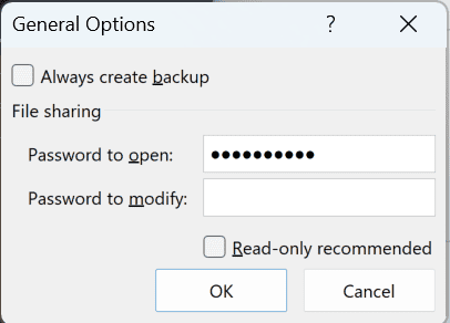 General Options dialog box with the Password to modify box cleared