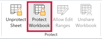 Protect Workbook button highlighted in the Protect group on the Review tab