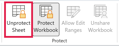 Unprotect Sheet button highlighted in the Protect group on the Review tab