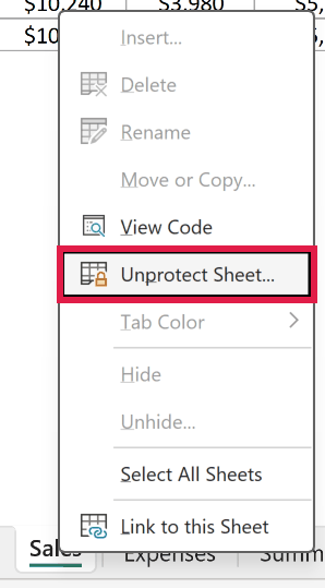 Right-click menu on the Sales sheet tab with Unprotect Sheet option