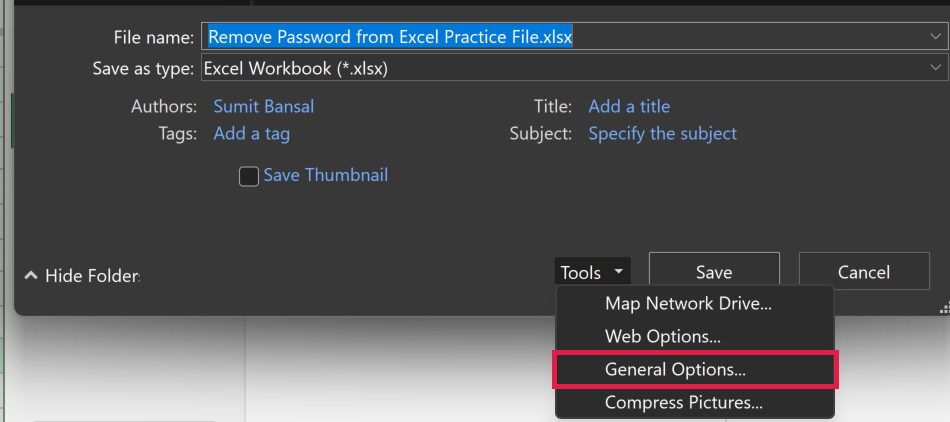 Tools drop-down in the Save As dialog box with General Options
