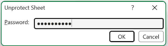 Unprotect Sheet dialog box with the password entered