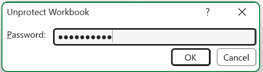 Unprotect Workbook dialog box with the password entered