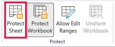 Review tab showing Protect Sheet after the sheet protection is removed