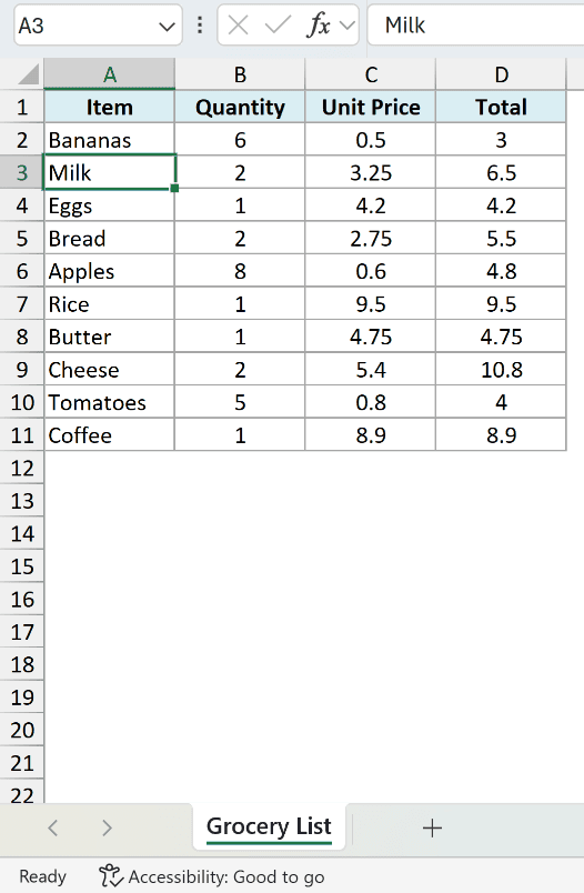 Back in Excel after turning Scroll Lock off: the Name Box has moved to A3 and Scroll Lock is gone from the status bar