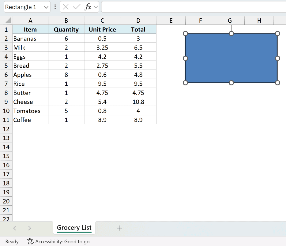 A shape is selected: resize handles show, the Name Box reads Rectangle 1 and the status bar still says Ready